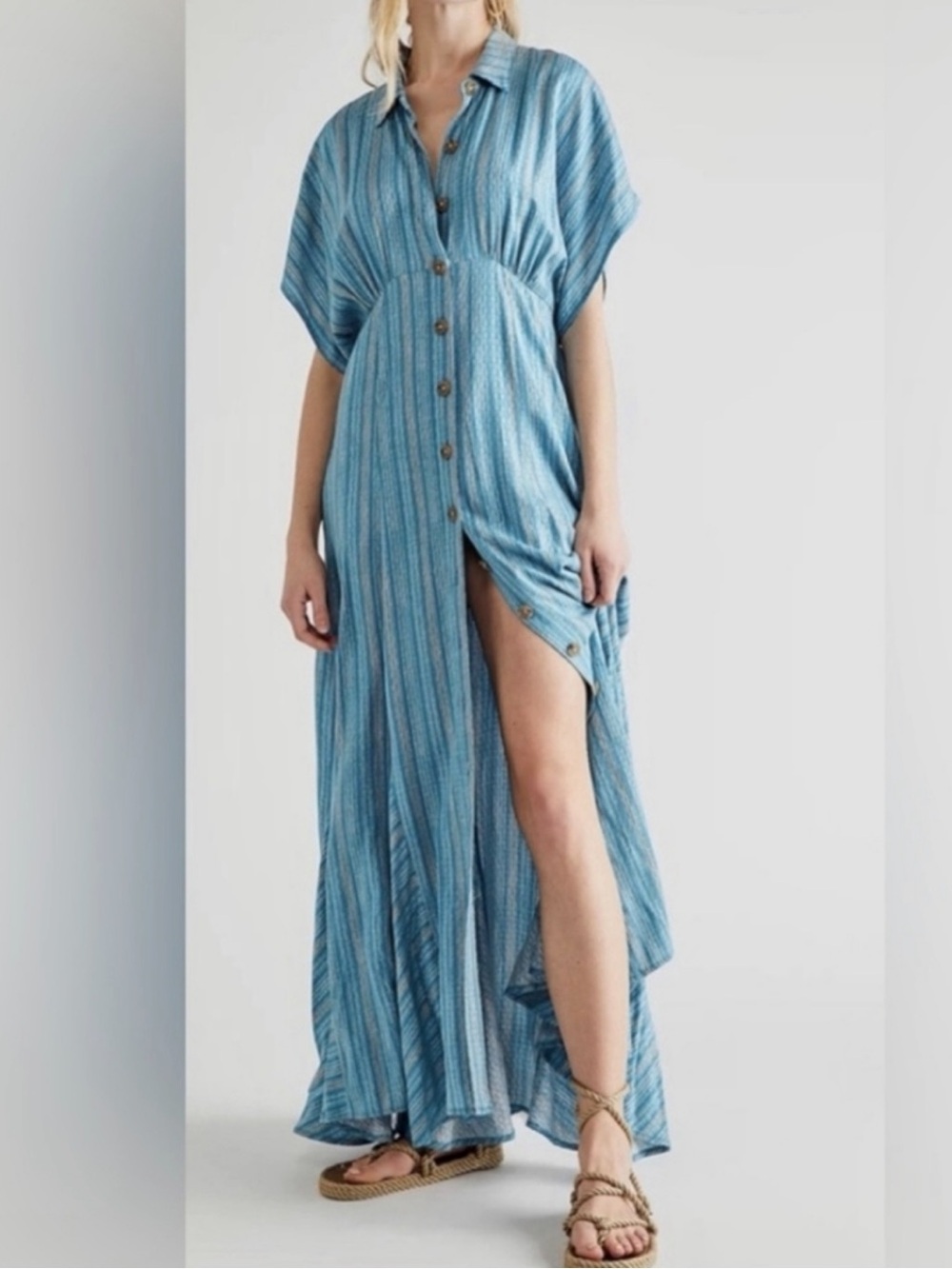 FREE PEOPLE Rowan Maxi Dress Blue Stripes Pockets Small Boho Prairie